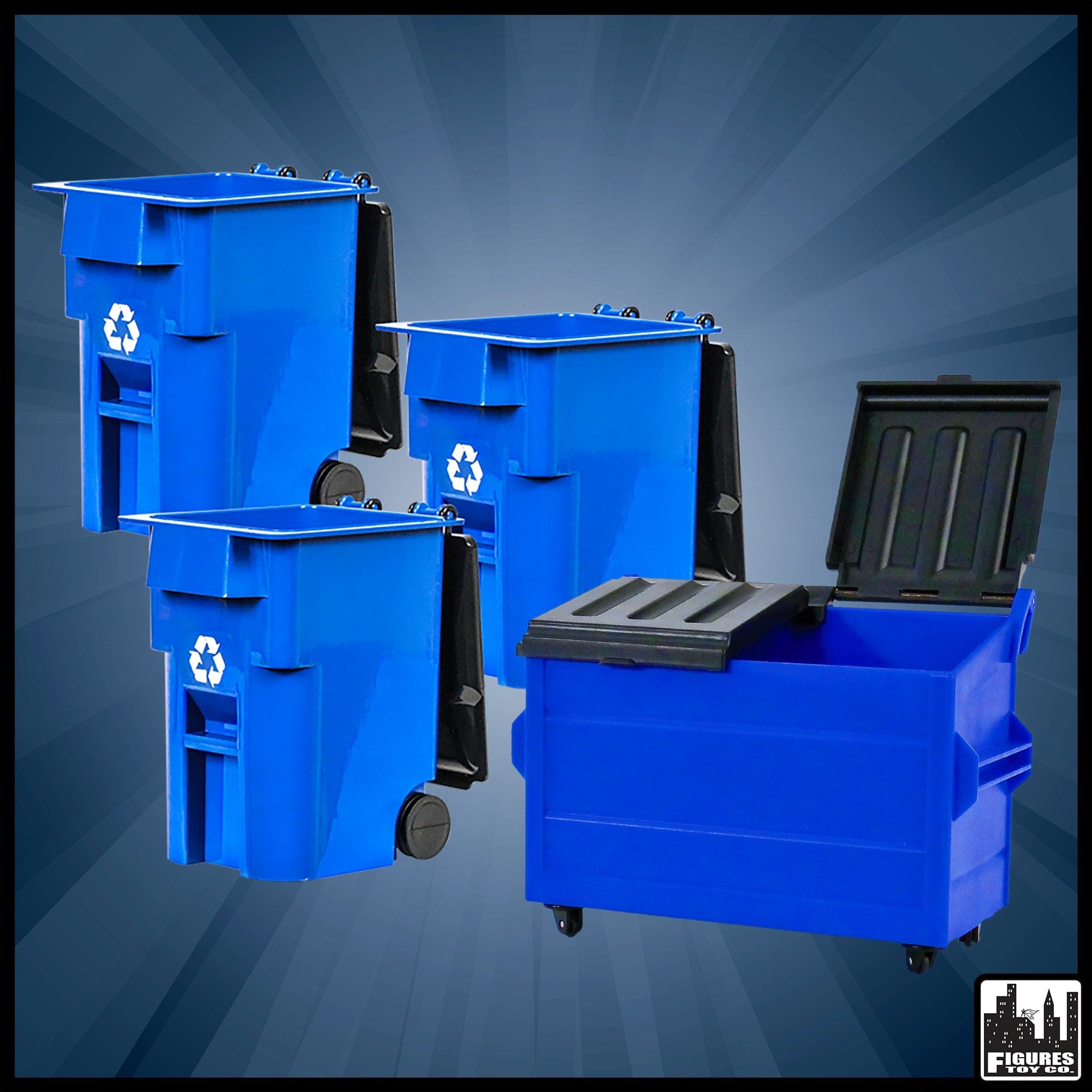 Blue Dumpster & 3 Blue Recycling Trash Cans With Lid & Wheels for WWE Wrestling Action Figures