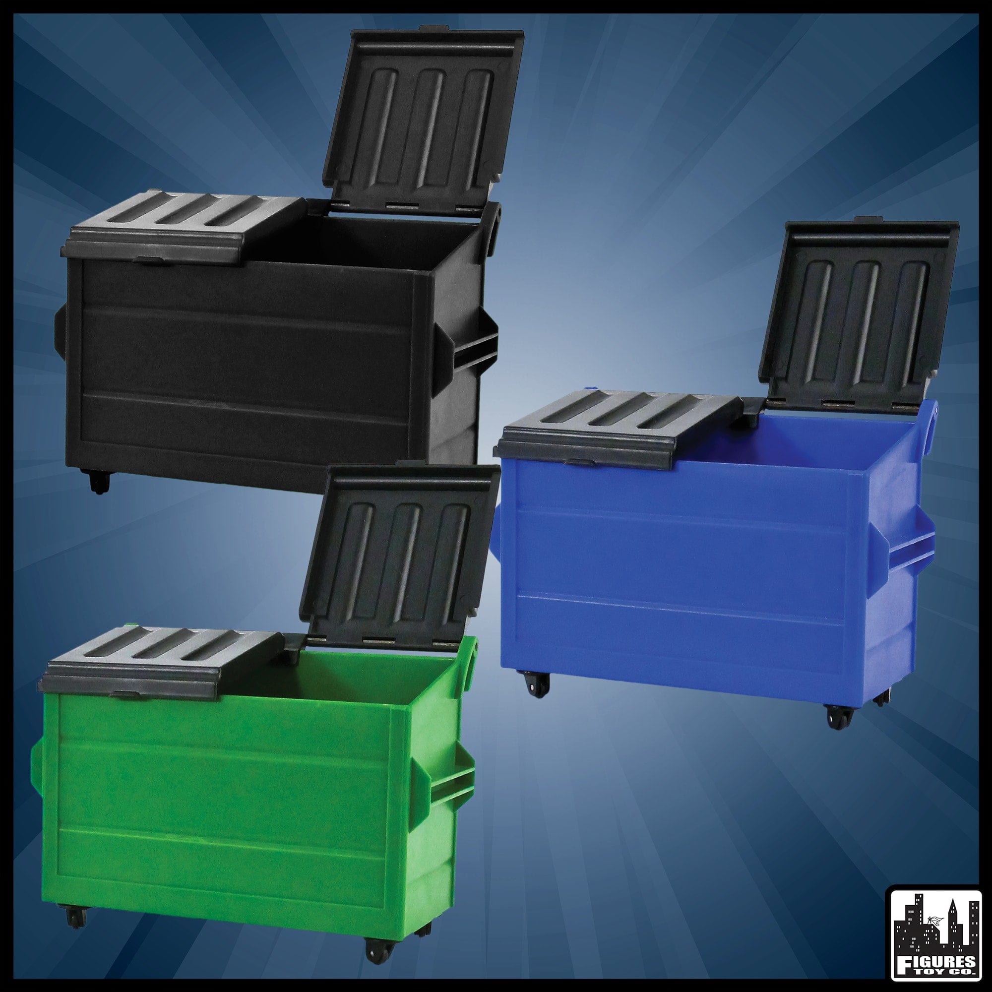 Set of 3 Dumpsters for WWE Wrestling Action Figures: Blue, Black & Green