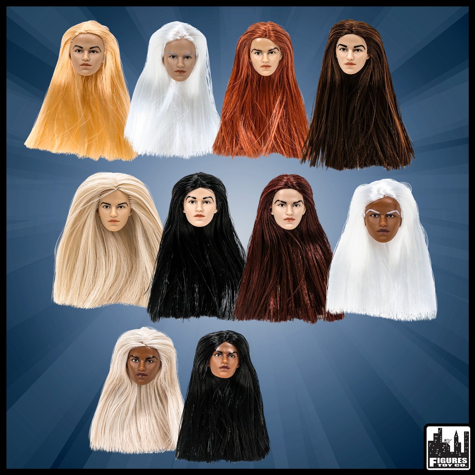Set of all 10 FEMALE Interchangeable Wrestling Action Figure Head With Long Hair