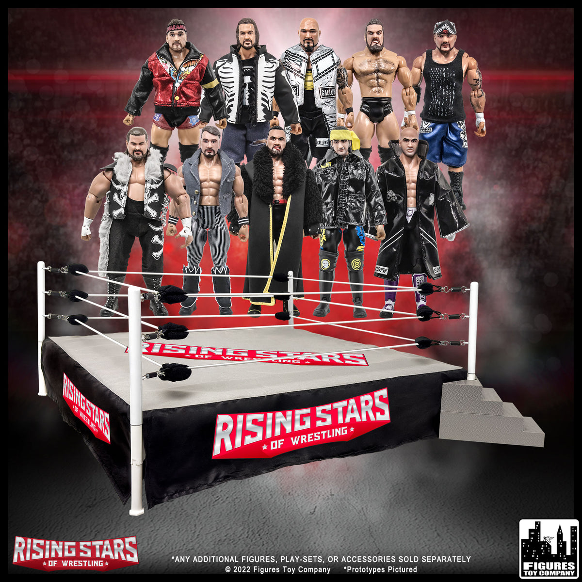 Wrestling Ring & 10 LOOSE Rising Stars of Wrestling Action Figures