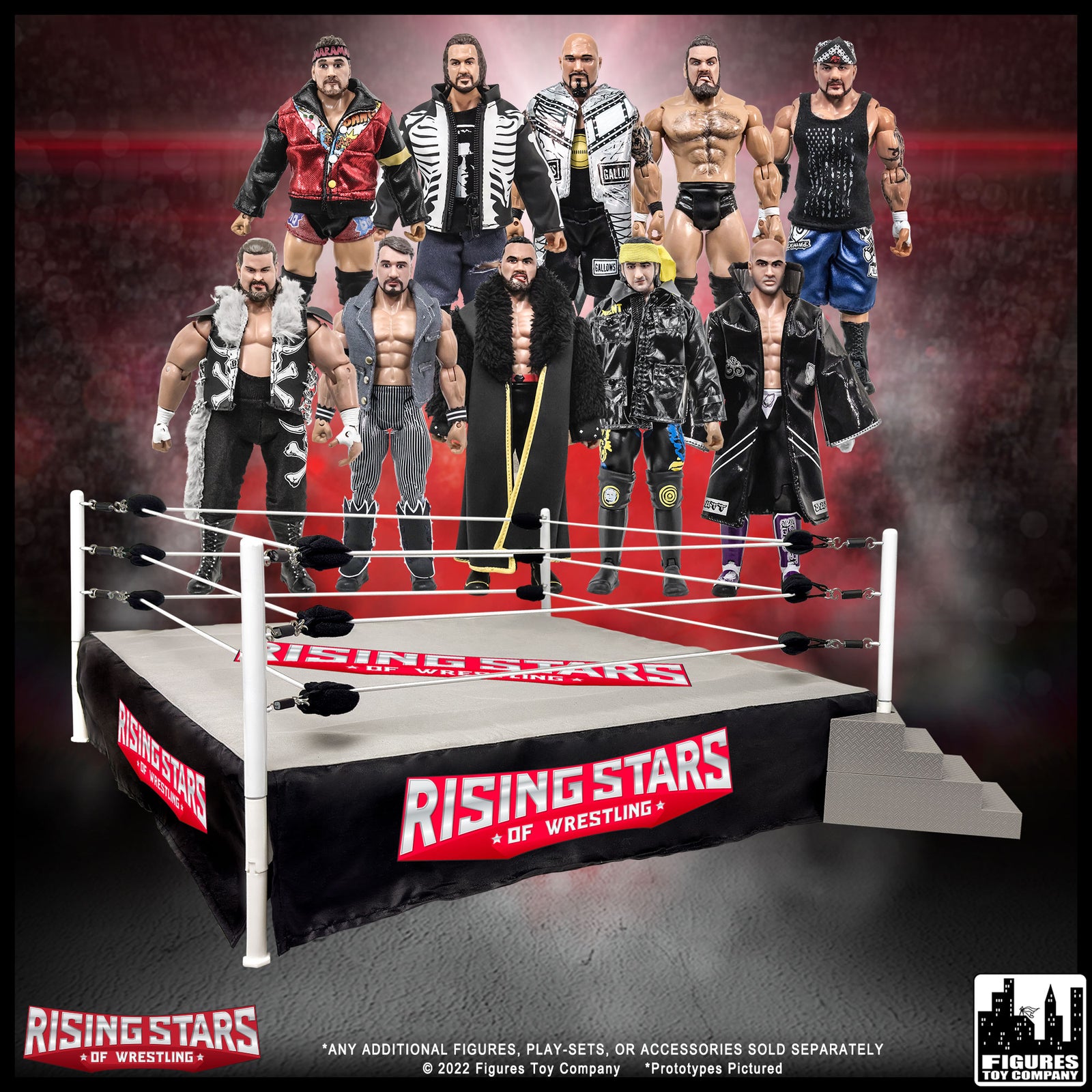 Wrestling Ring & 10 LOOSE Rising Stars of Wrestling Action Figures