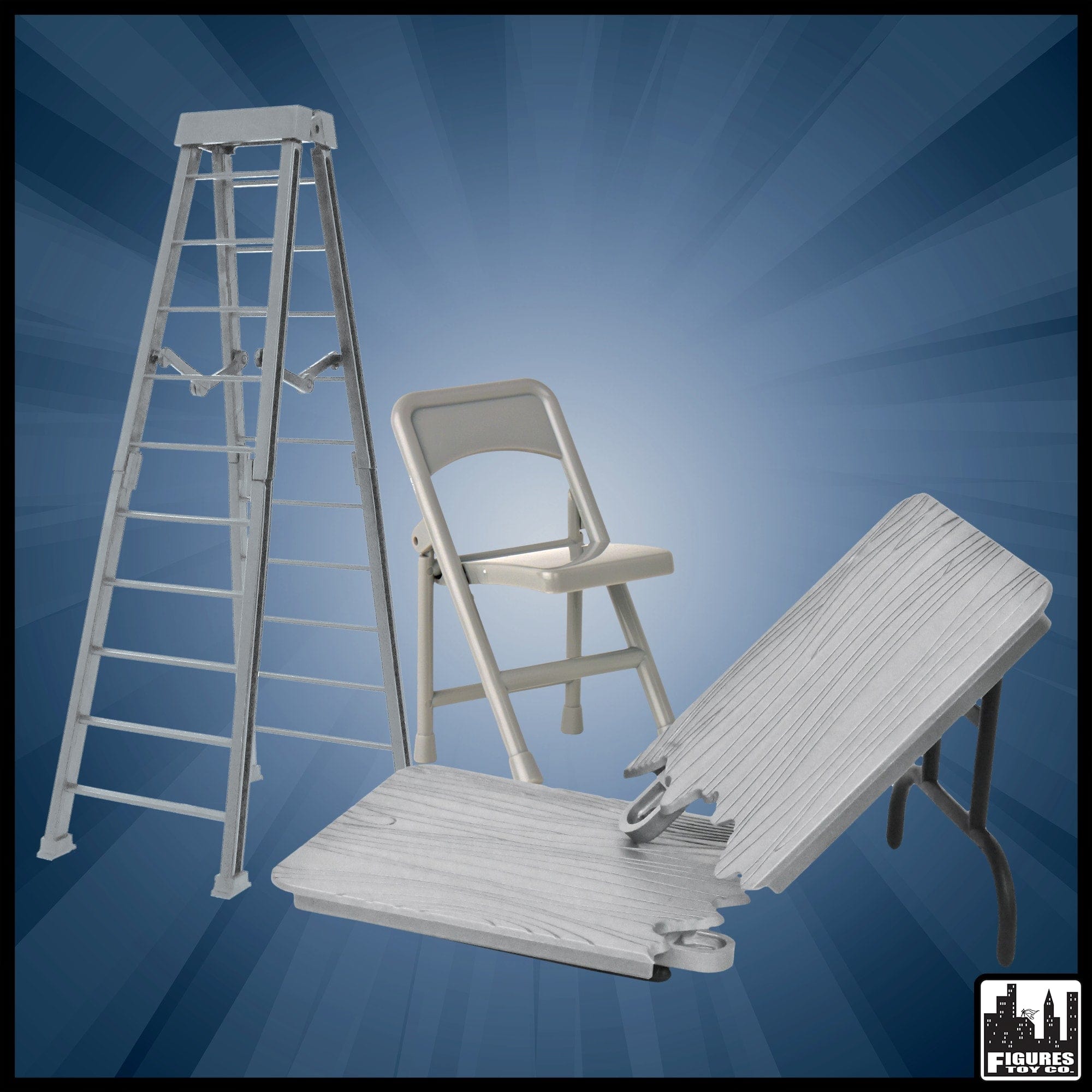 10 Inch Silver Ladder, Silver Table and Folding Chair for WWE Wrestling Action Figures