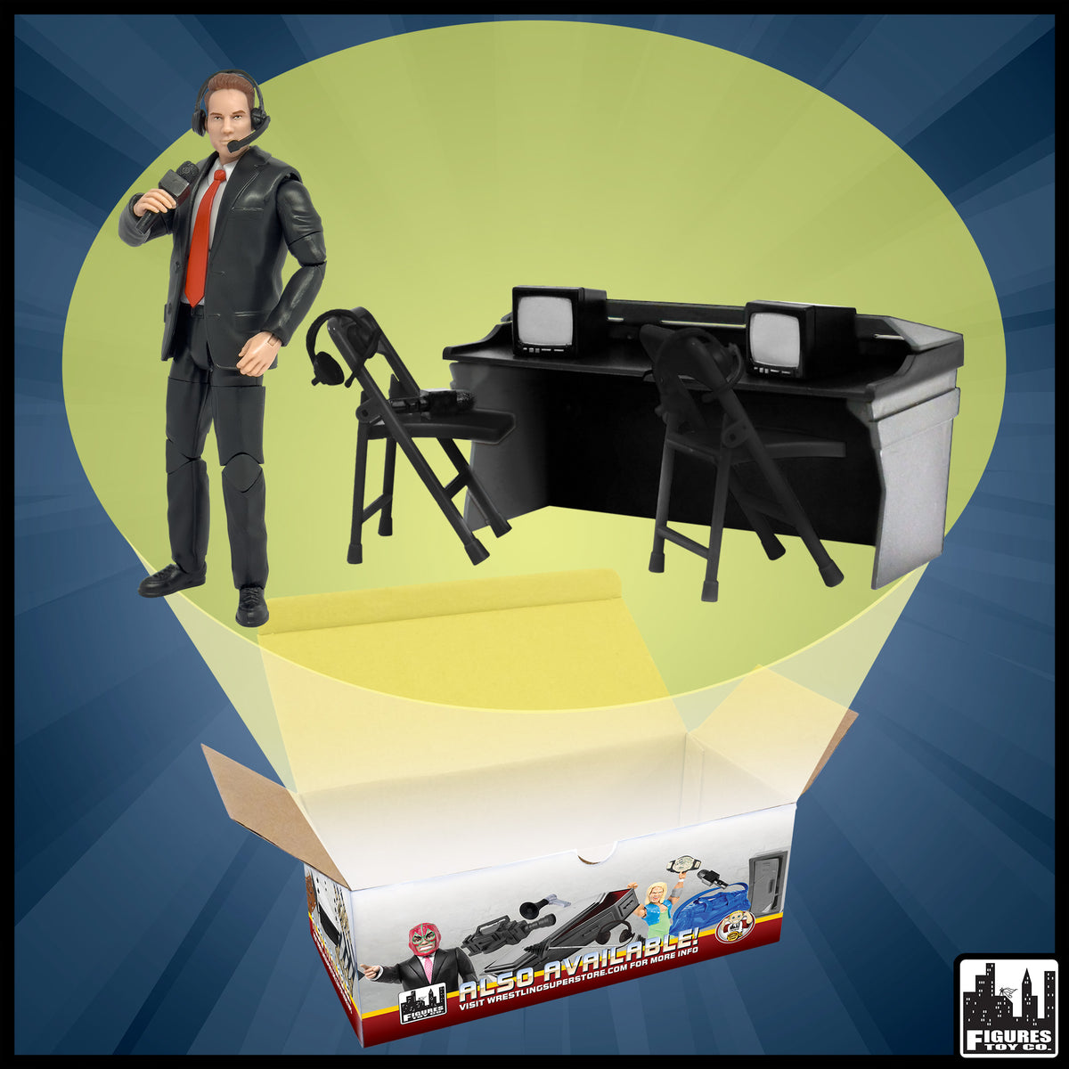 Deluxe Commentators Playset with Announcer Figure for WWE &amp; AEW Wrestling Action Figures