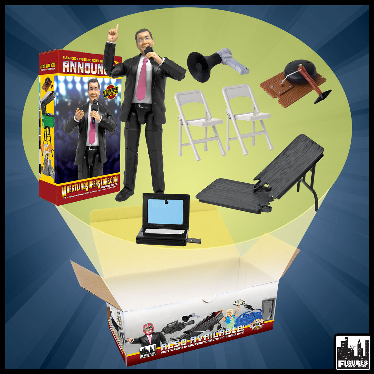 Talking Wrestling Ring Announcer & Accessory Set For WWE & AEW Wrestling Action Figures