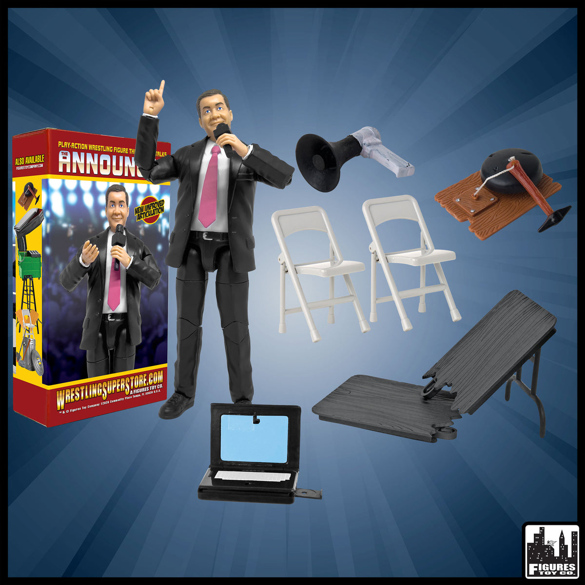 Talking Wrestling Ring Announcer & Accessory Set For WWE & AEW Wrestling Action Figures