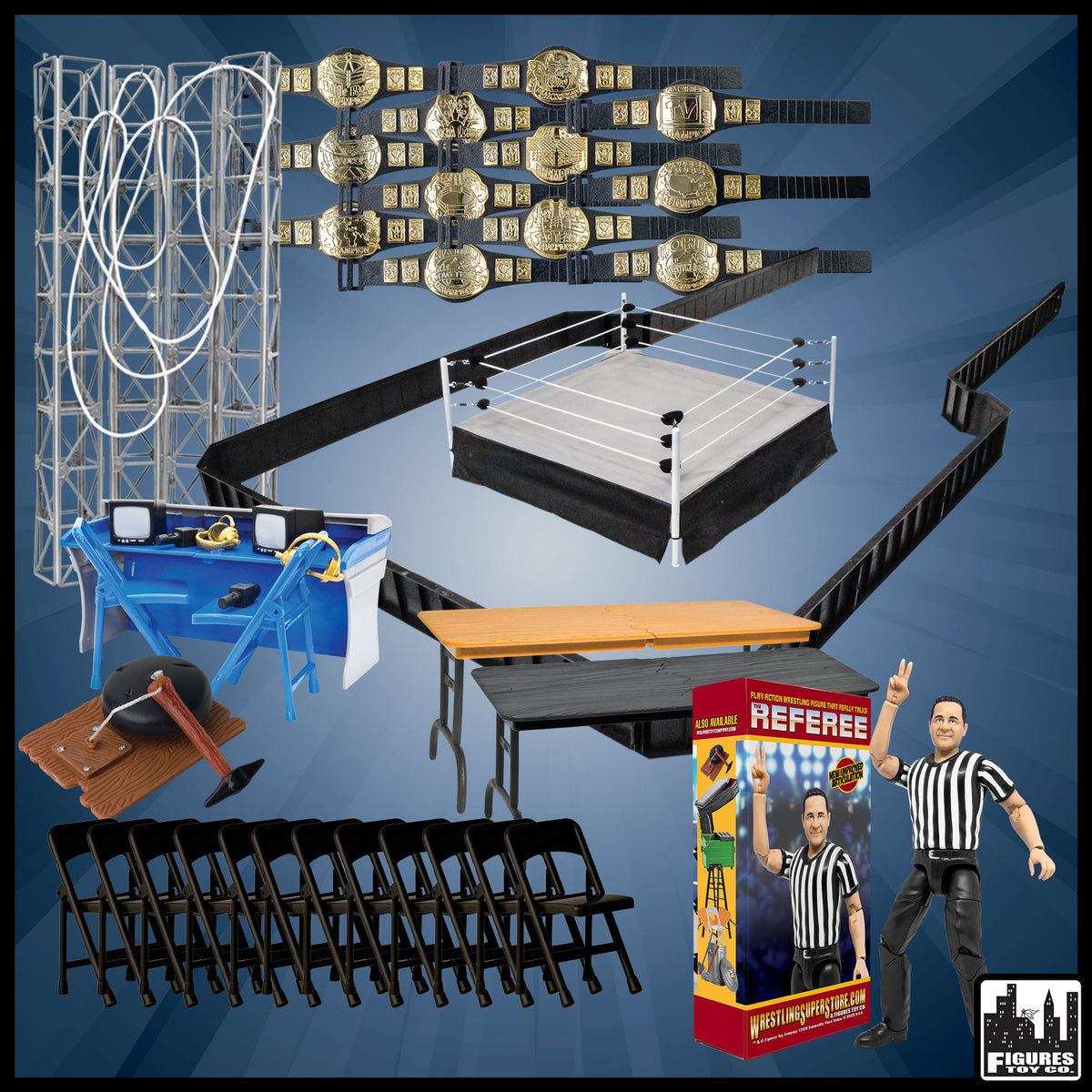 Super Deluxe Wrestling Action Figure Ring &amp; Accessory Set For WWE &amp; AEW Wrestling Figures
