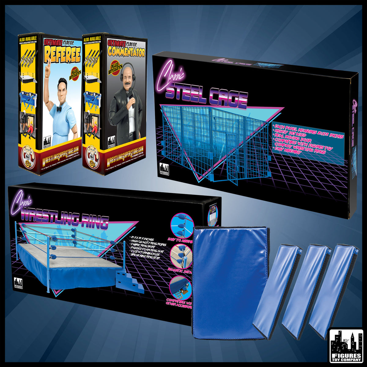 Ultimate Classic Wrestling Ring & Steel Cage Bundle with Figures & Mats