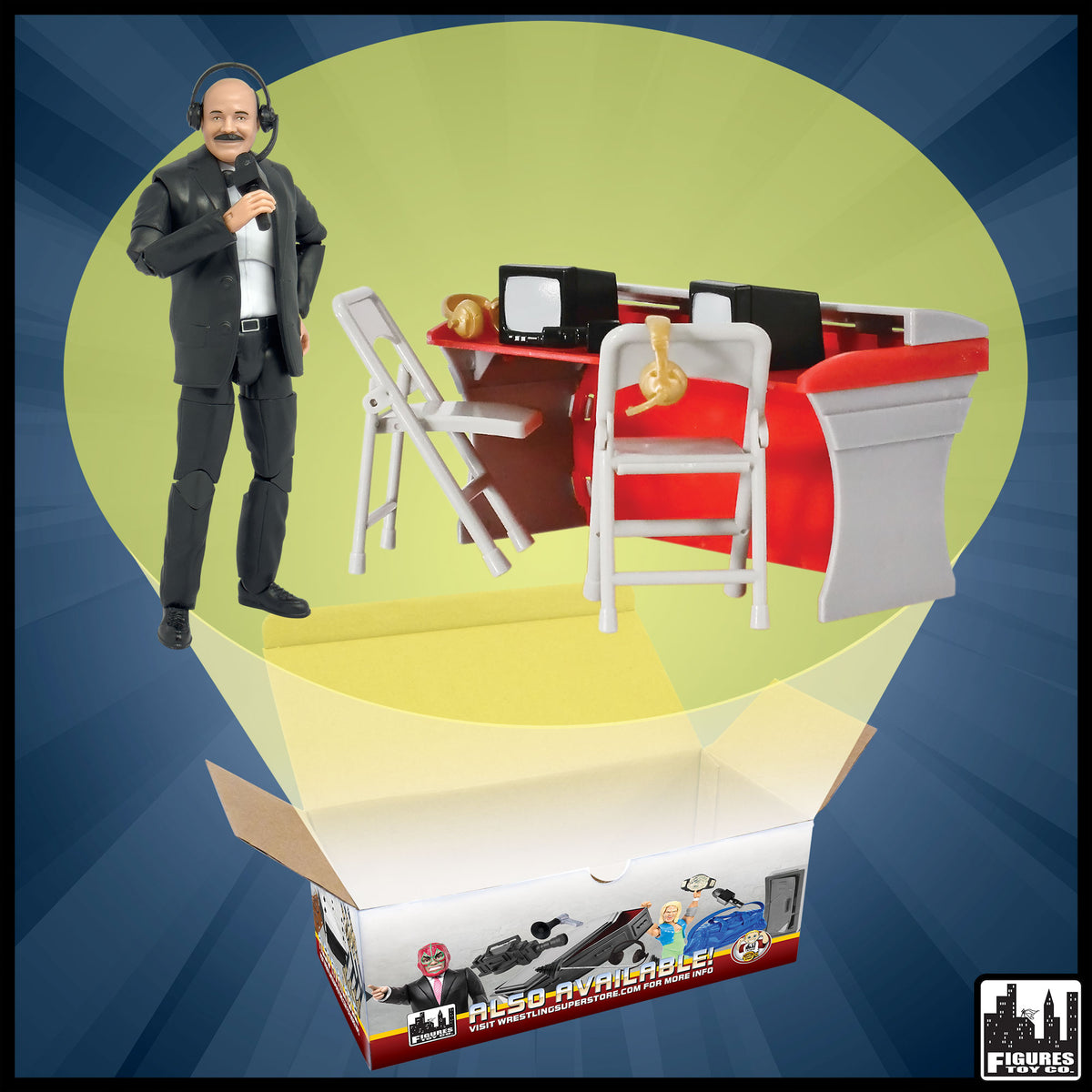 Deluxe Commentators Playset with Announcer Figure for WWE &amp; AEW Wrestling Action Figures