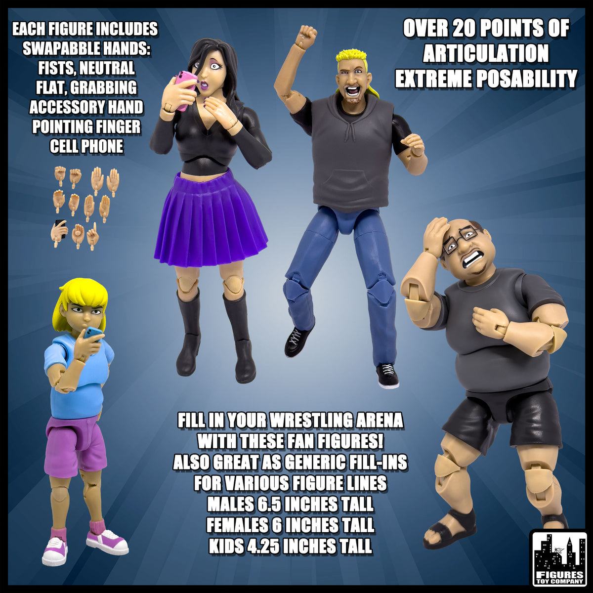 Ultimate Wrestling Crowd Fan Figures Four-Pack for WWE &amp; AEW Wrestling Figures [Series 1]