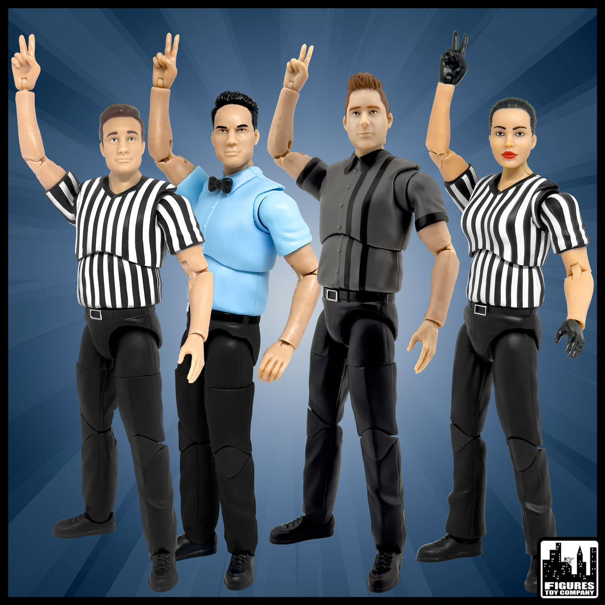Set of Four Ultimate Referees With Deluxe Articulation for WWE &amp; AEW Wrestling Action Figures: Dark Gray, Male, Female &amp; Classic