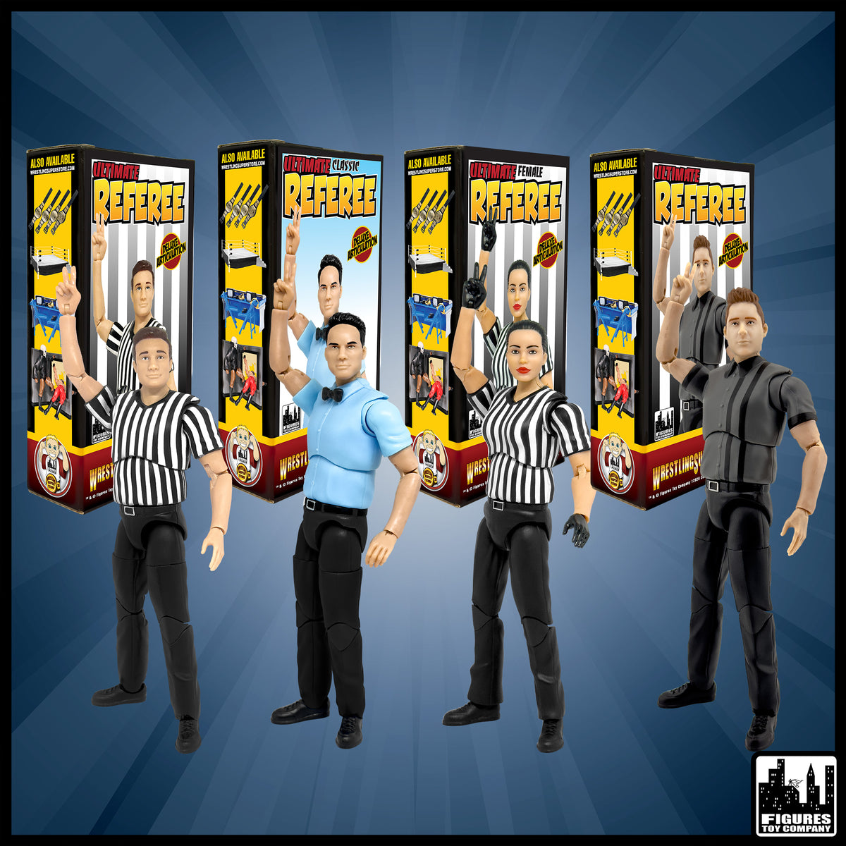 Set of Four Ultimate Referees With Deluxe Articulation for WWE &amp; AEW Wrestling Action Figures: Dark Gray, Male, Female &amp; Classic