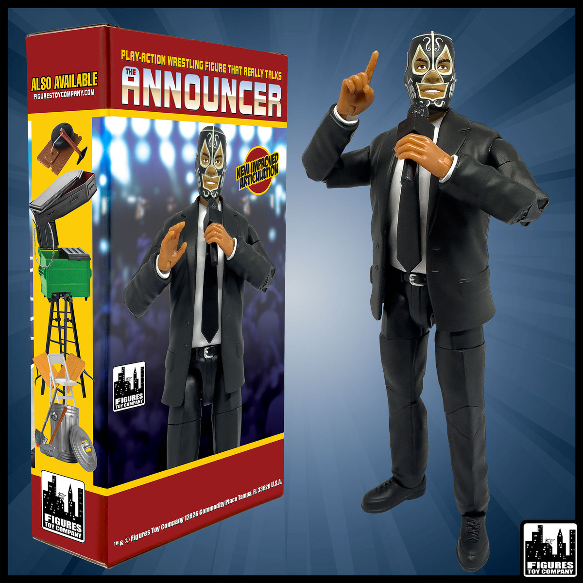 Ultimate Talking Wrestling Ring Announcer With Mexican Mask Figure for WWE &amp; AEW Action Figures