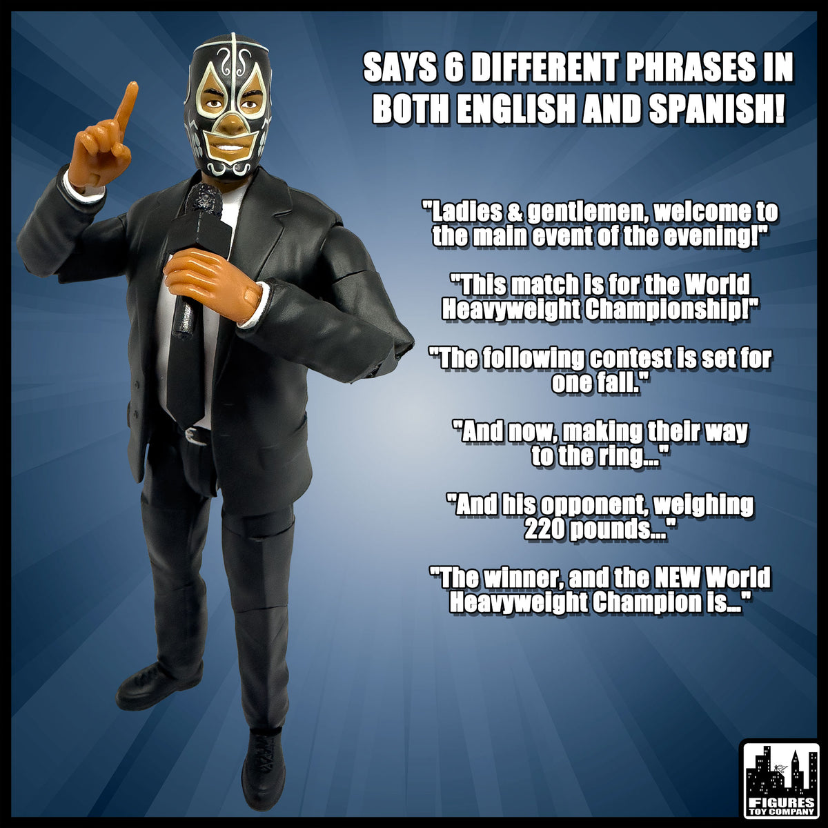 Ultimate Talking Wrestling Ring Announcer With Mexican Mask Figure for WWE &amp; AEW Action Figures