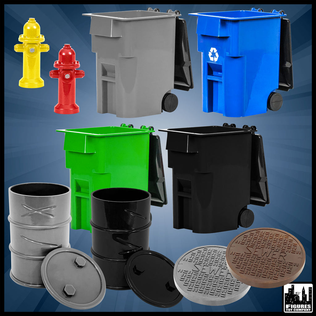 Blue Dumpster & 3 Trash Cans For WWE/AEW Wrestling Action Figures – 1:10 Scale Accessories