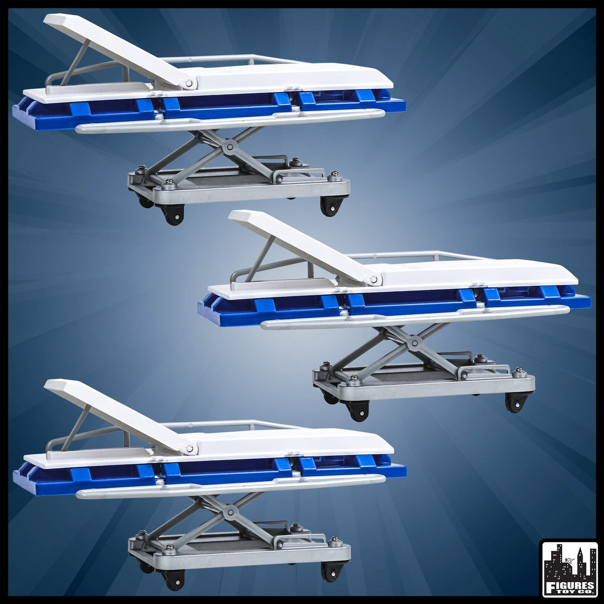 Set of 3 Blue and White Deluxe Moving Stretchers for WWE &amp; AEW Wrestling Action Figures