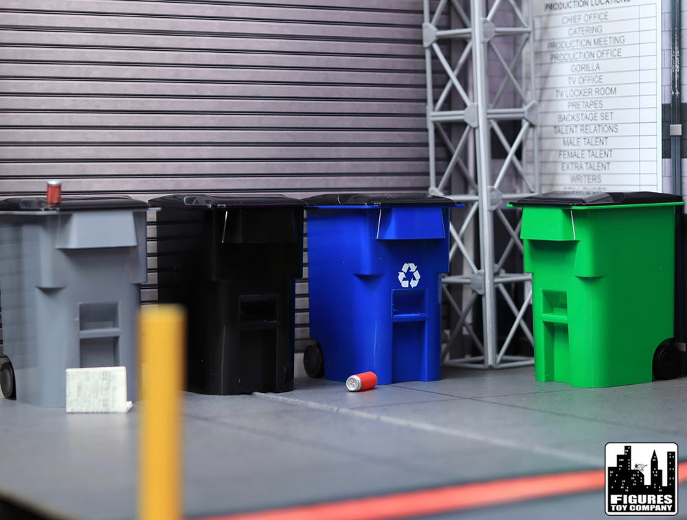 Set of 3 Black Trash Cans With Lid &amp; Wheels for WWE &amp; AEW Wrestling Figures