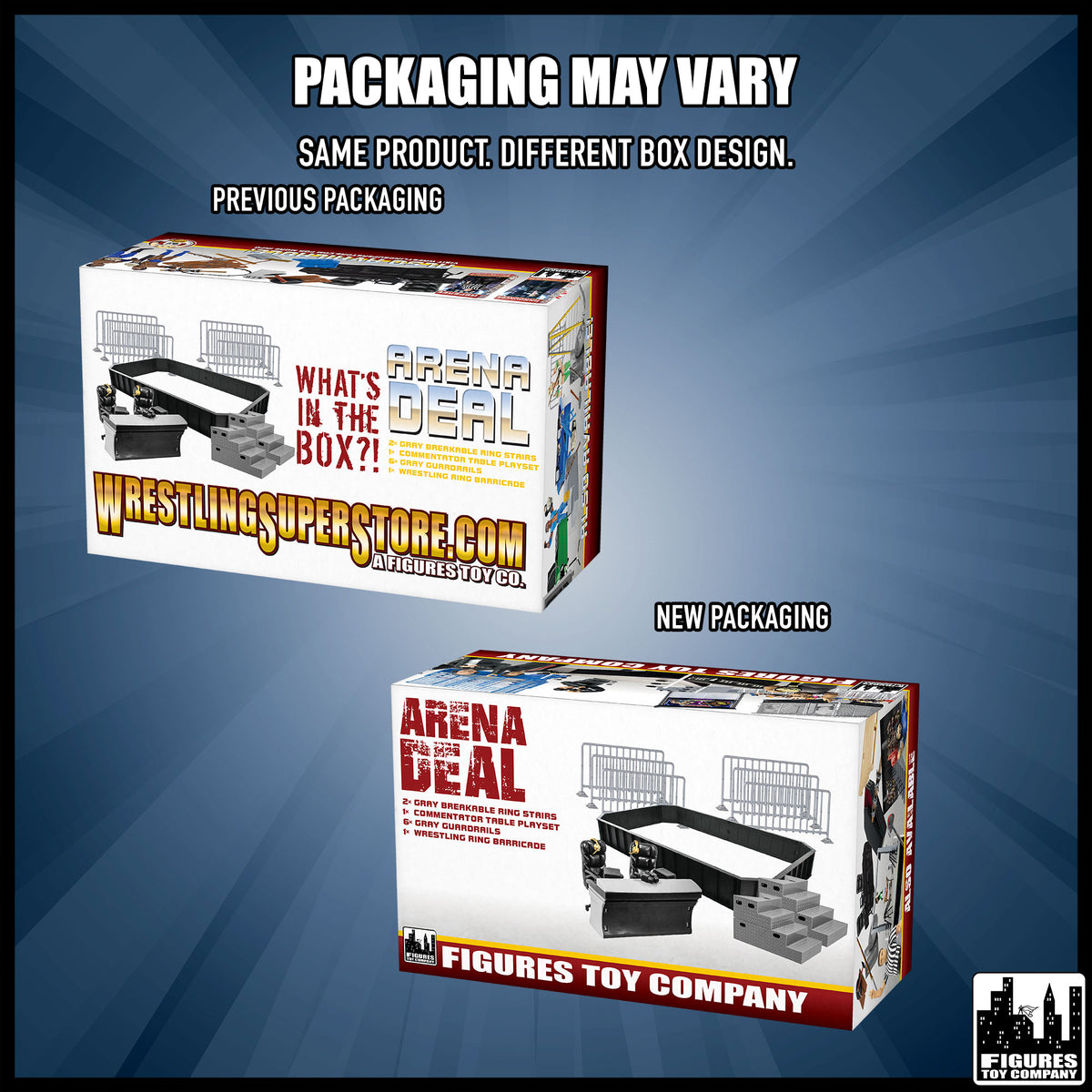 Arena Deal Accessory Set for wrestling figures — packaging design comparison.