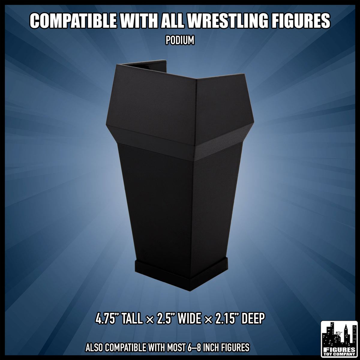 Black action figure podium, with dimensions.