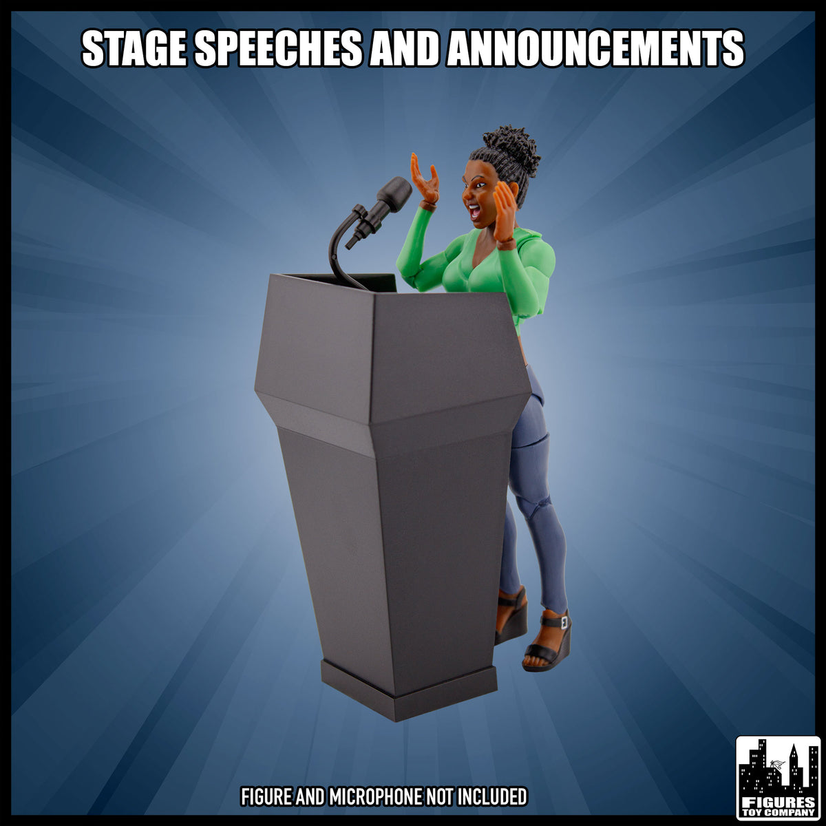 Black action figure podium, shown with figures to demonstrate a display scene; figures and microphones sold separately.