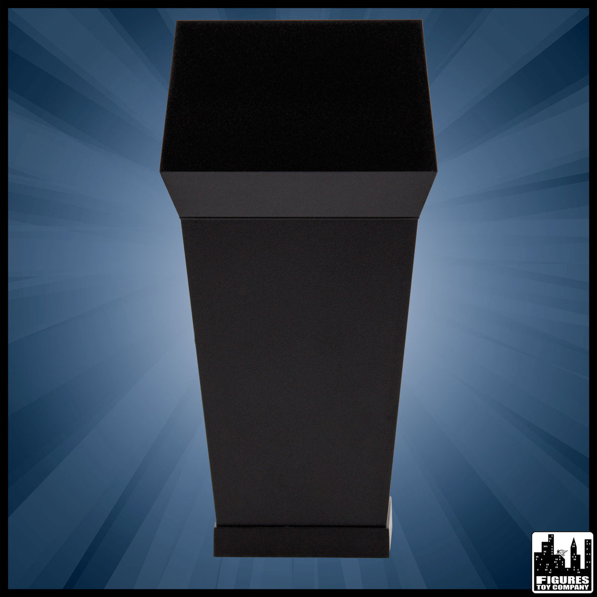 Black action figure podium, front view.