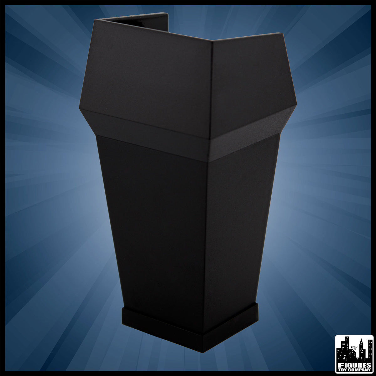 Black action figure podium, product view.