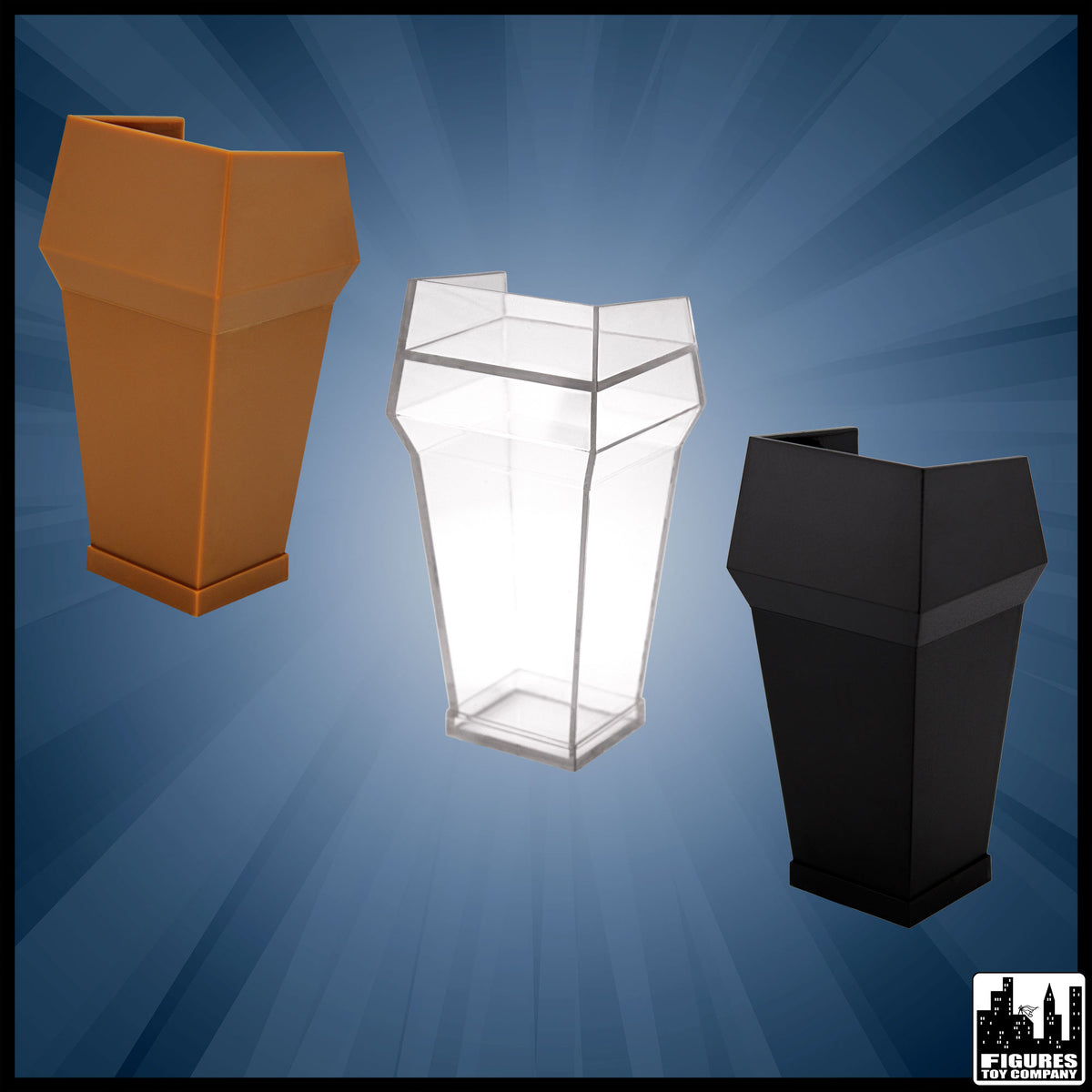 Black brown clear action figure podiums set of three, shown from alternate angles.