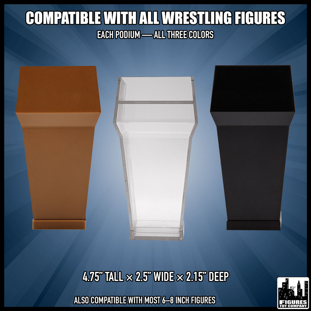 Black brown clear action figure podiums set of three, with dimensions.