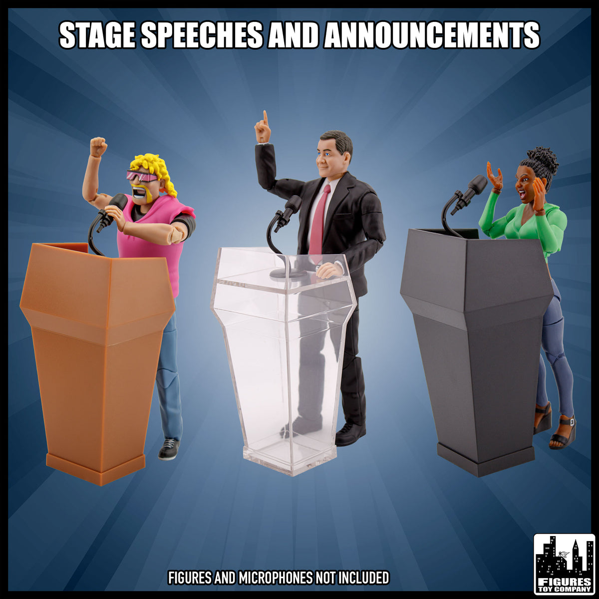 Black brown clear action figure podiums set of three, shown with figures to demonstrate a display scene; figures and microphones sold separately.