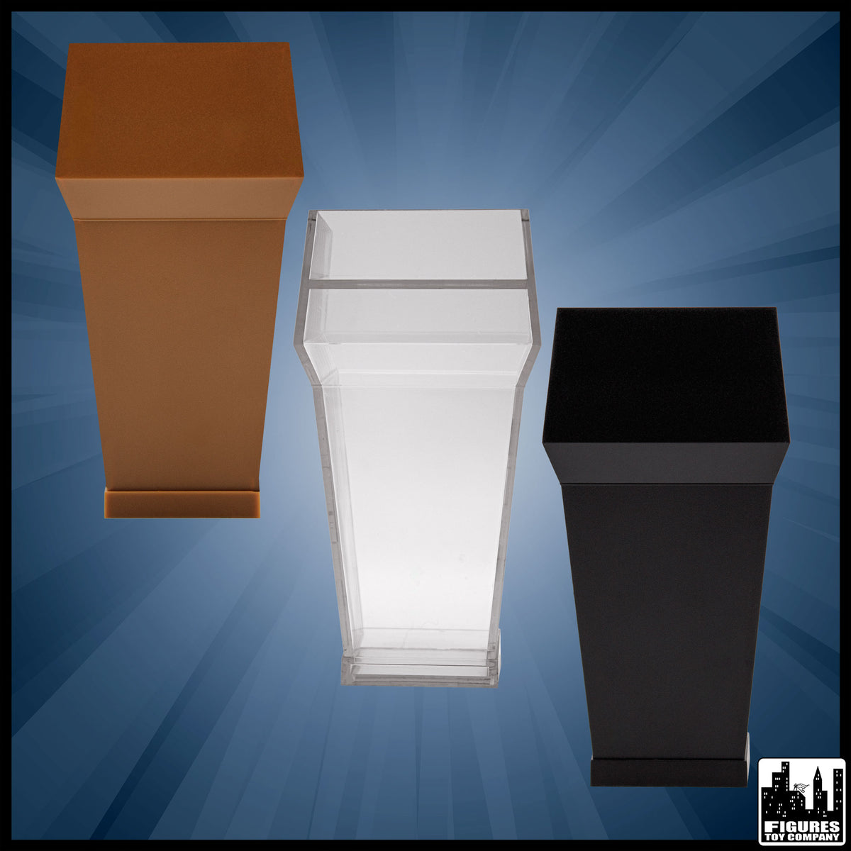 Black brown clear action figure podiums set of three, product view.