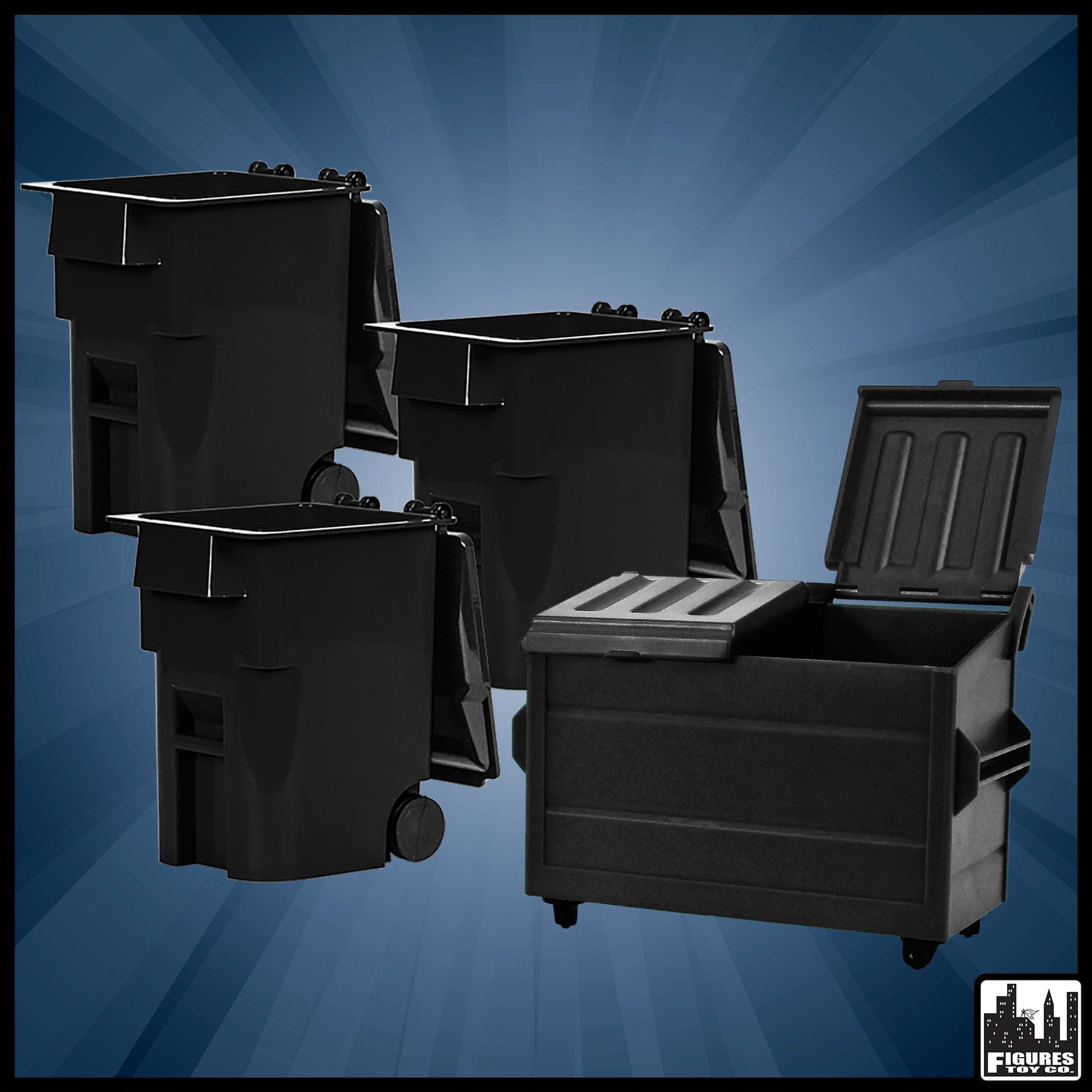 Black Dumpster & 3 Black Trash Cans With Lid & Wheels for WWE Wrestling Action Figures