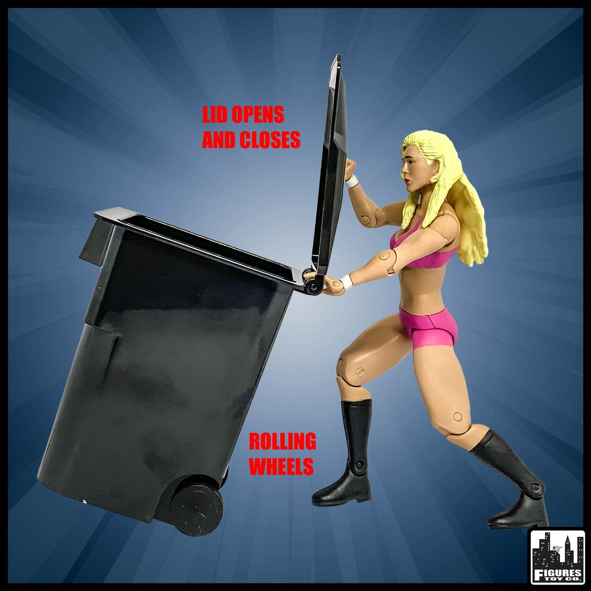 Black Dumpster &amp; 3 Black Trash Cans With Lid &amp; Wheels for WWE Wrestling Action Figures