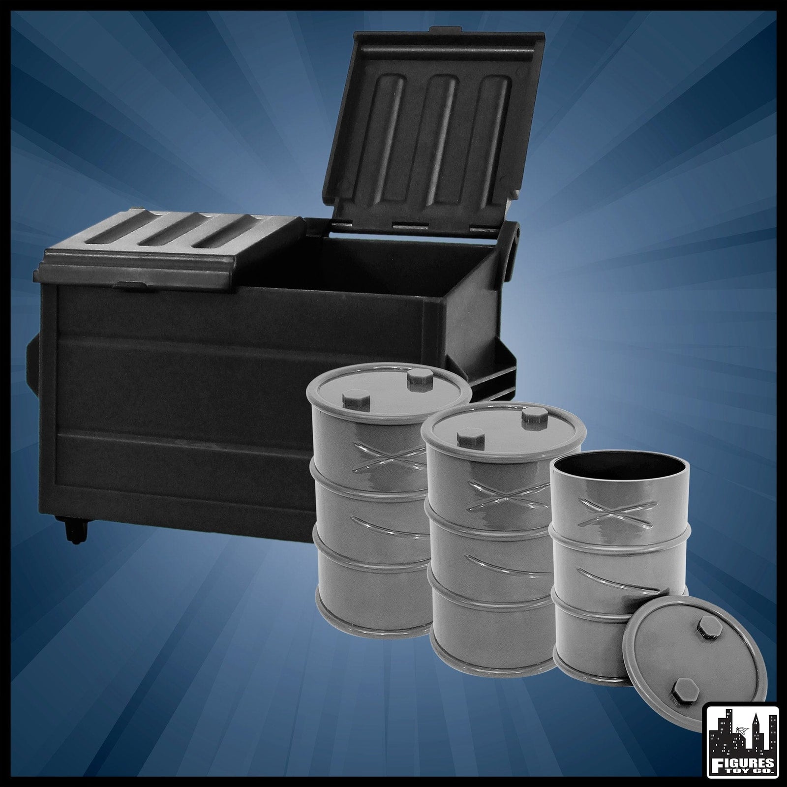 Black Dumpster & 3 Gray Oil Drums for WWE Wrestling Action Figures