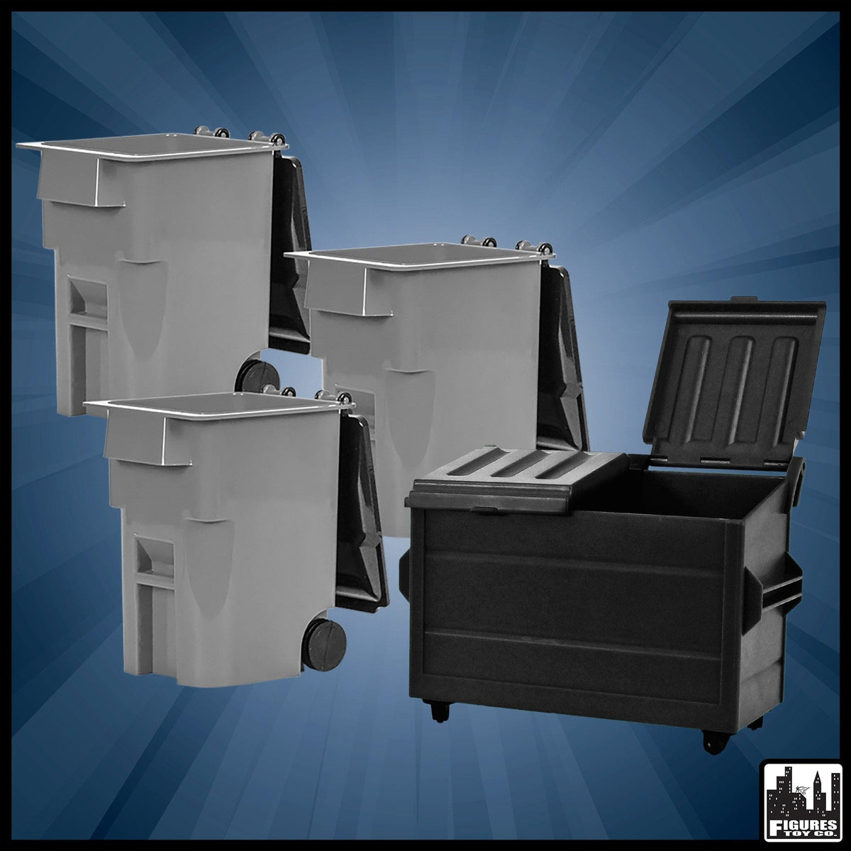 Black Dumpster &amp; 3 Gray Trash Cans With Lid &amp; Wheels for WWE Wrestling Action Figures