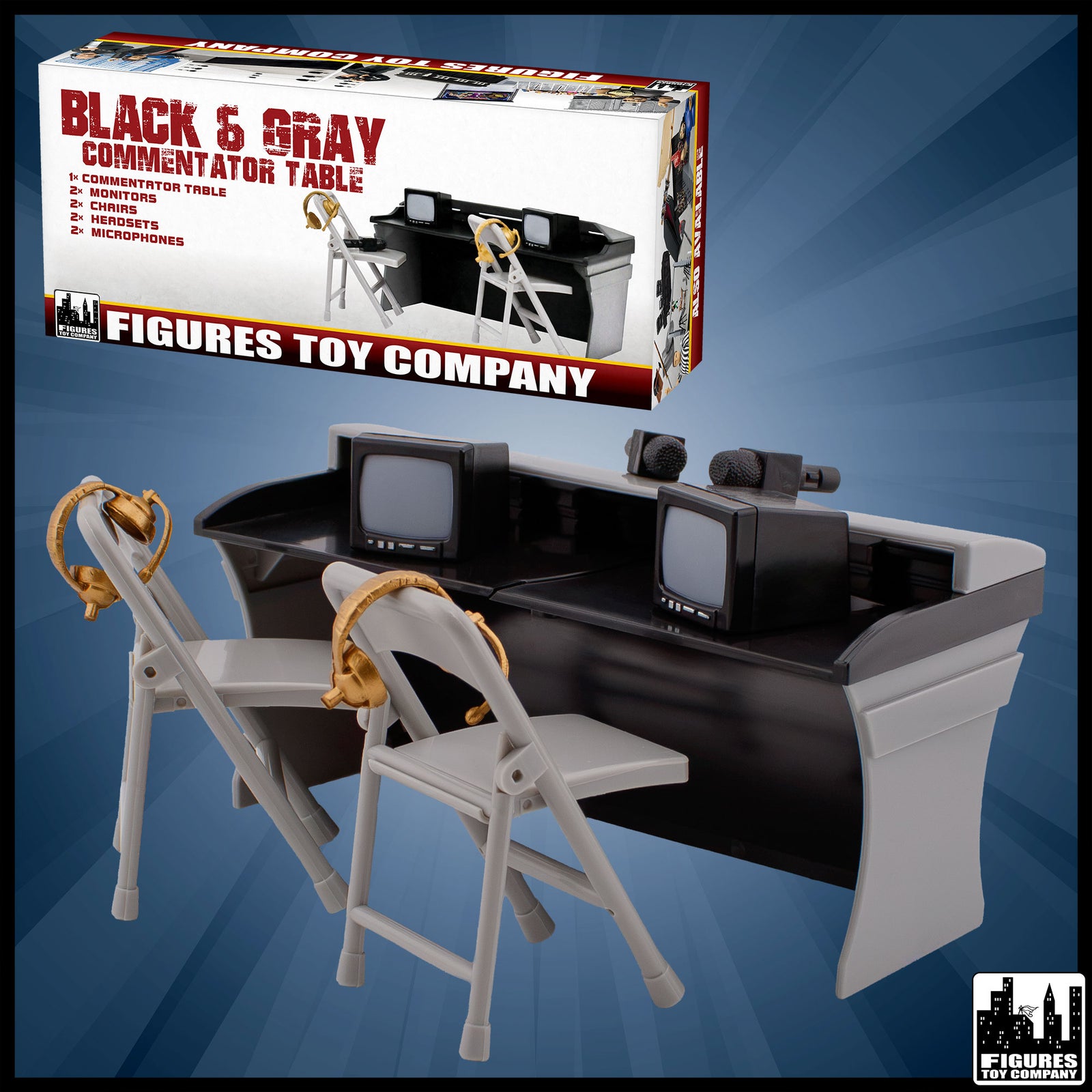 Black & Gray Commentator Table Playset for wrestling figures — product and packaging.