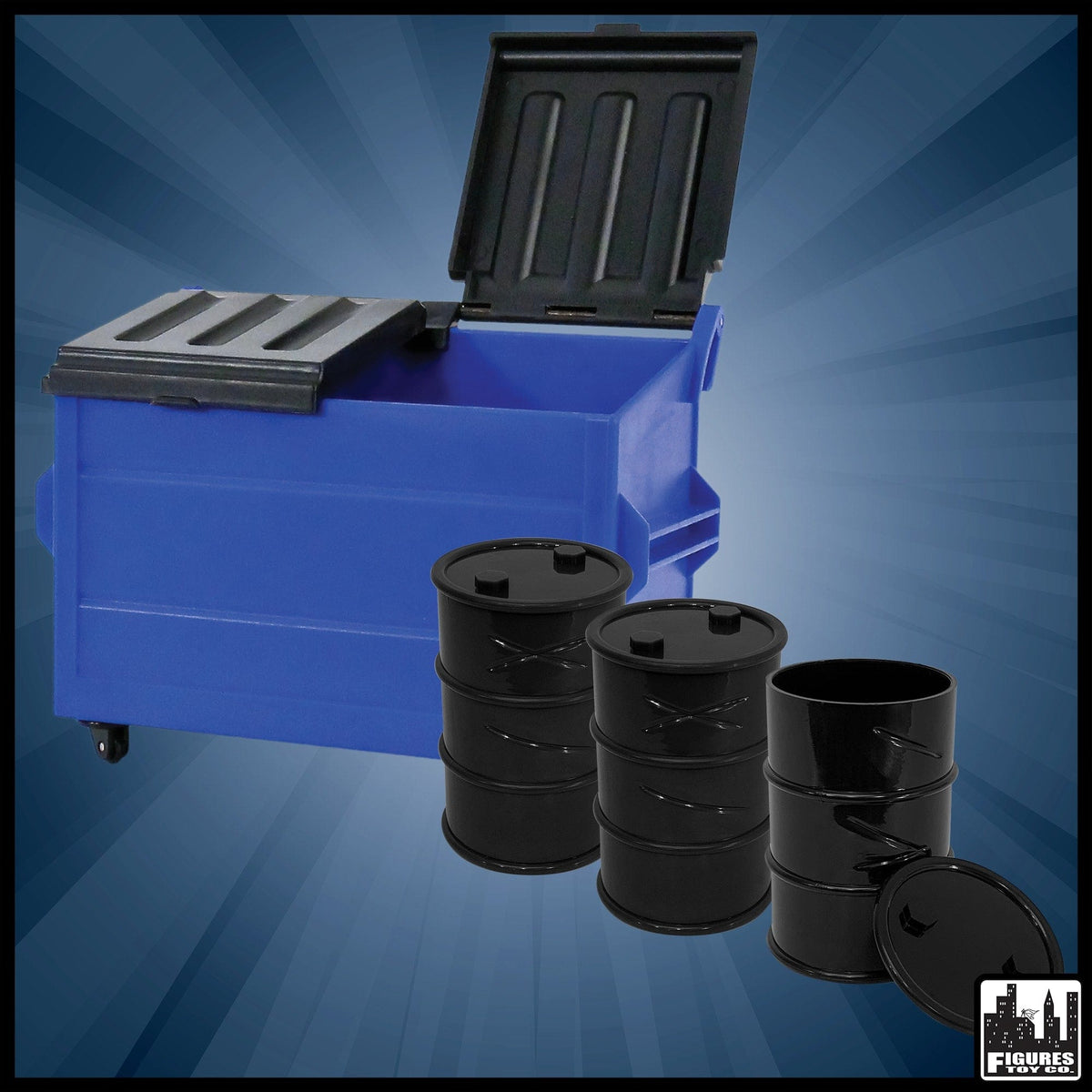 Blue Dumpster &amp; 3 Black Oil Drums for WWE Wrestling Action Figures