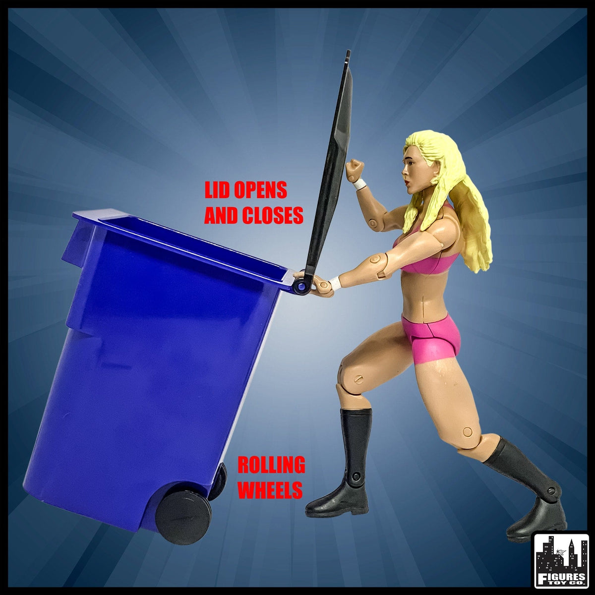 Blue Dumpster &amp; 3 Blue Recycling Trash Cans With Lid &amp; Wheels for WWE Wrestling Action Figures