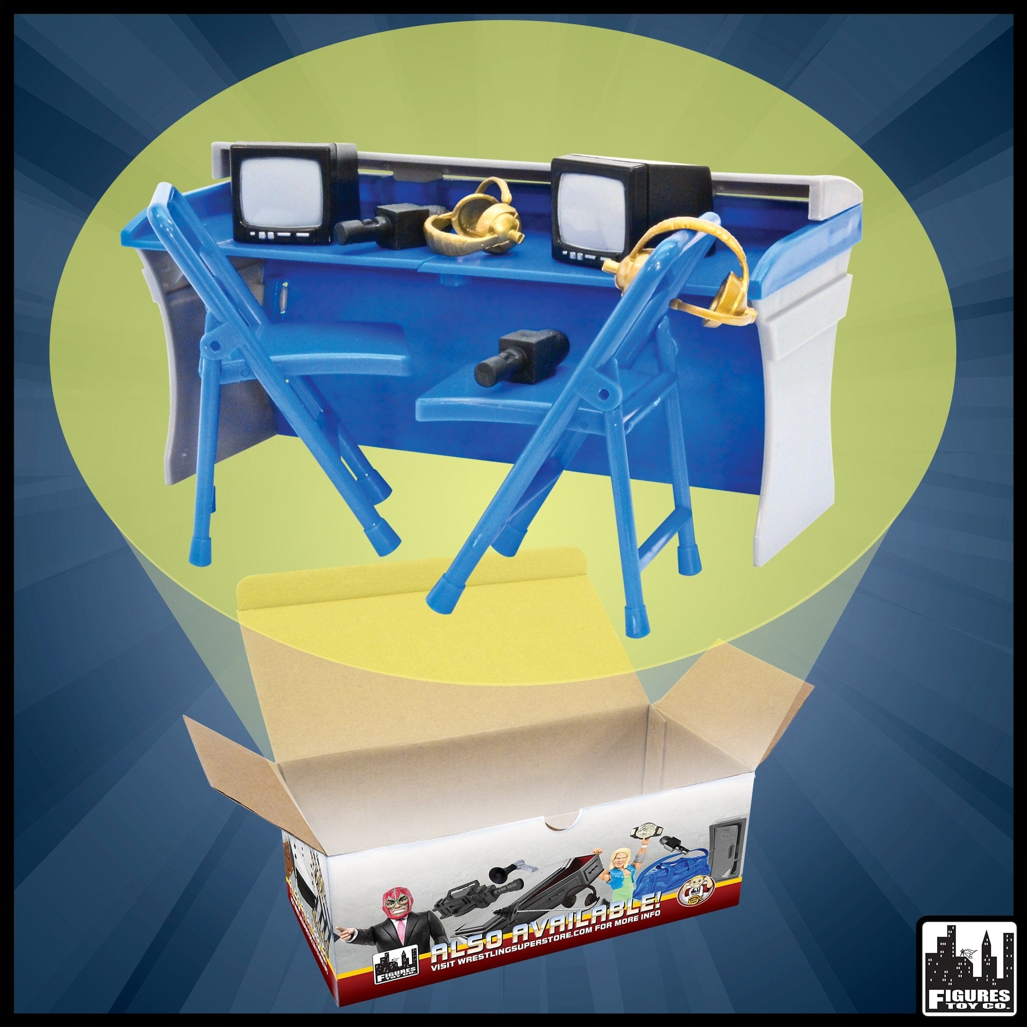 Blue & Gray Commentator Table Playset for WWE & AEW Wrestling Action F ...