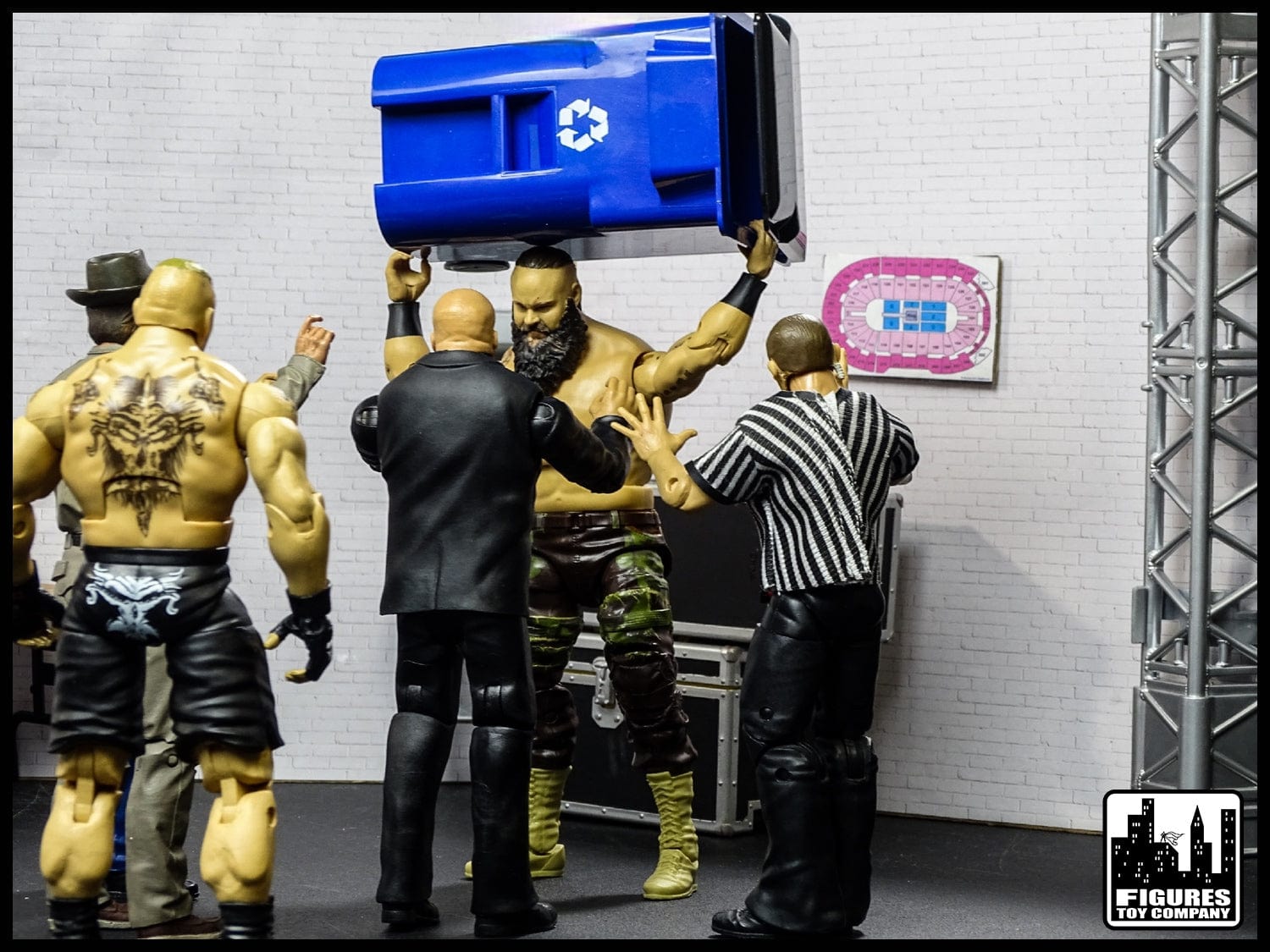 Blue Recycling Trash Can with Wheels for WWE Wrestling Action Figures