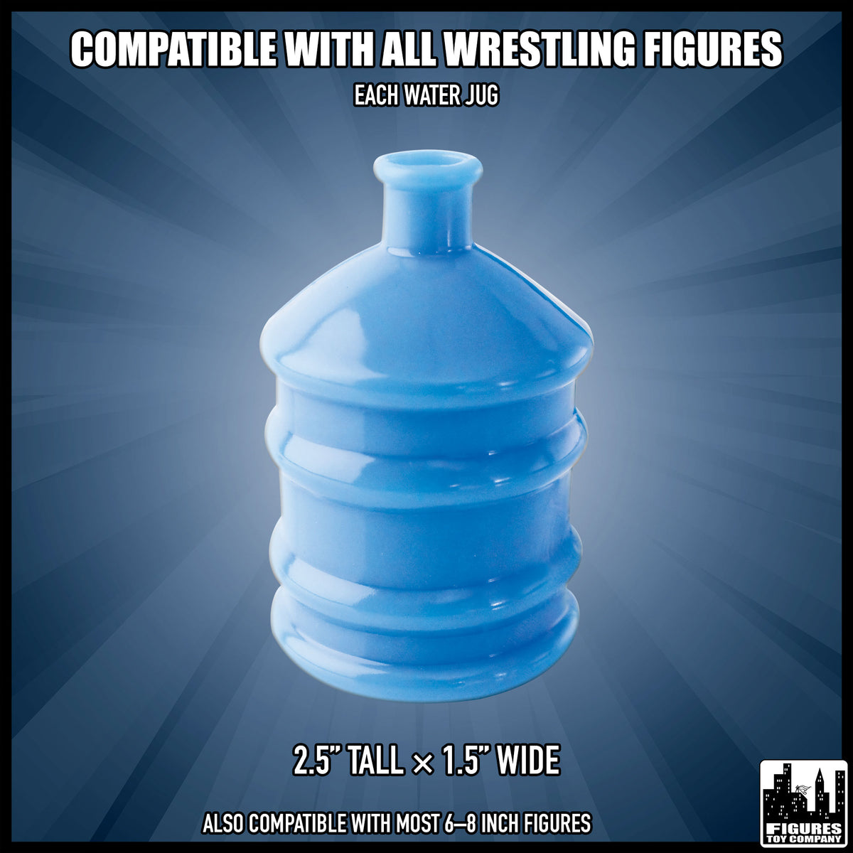 Blue water jug for wrestling figures — dimension guide.