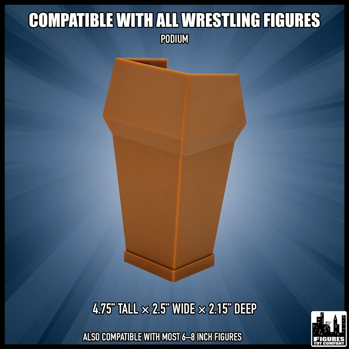 Brown action figure podium, with dimensions.