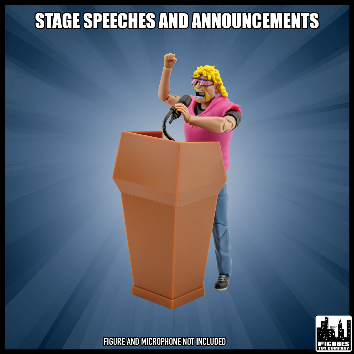 Brown action figure podium, shown with figures to demonstrate a display scene; figures and microphones sold separately.
