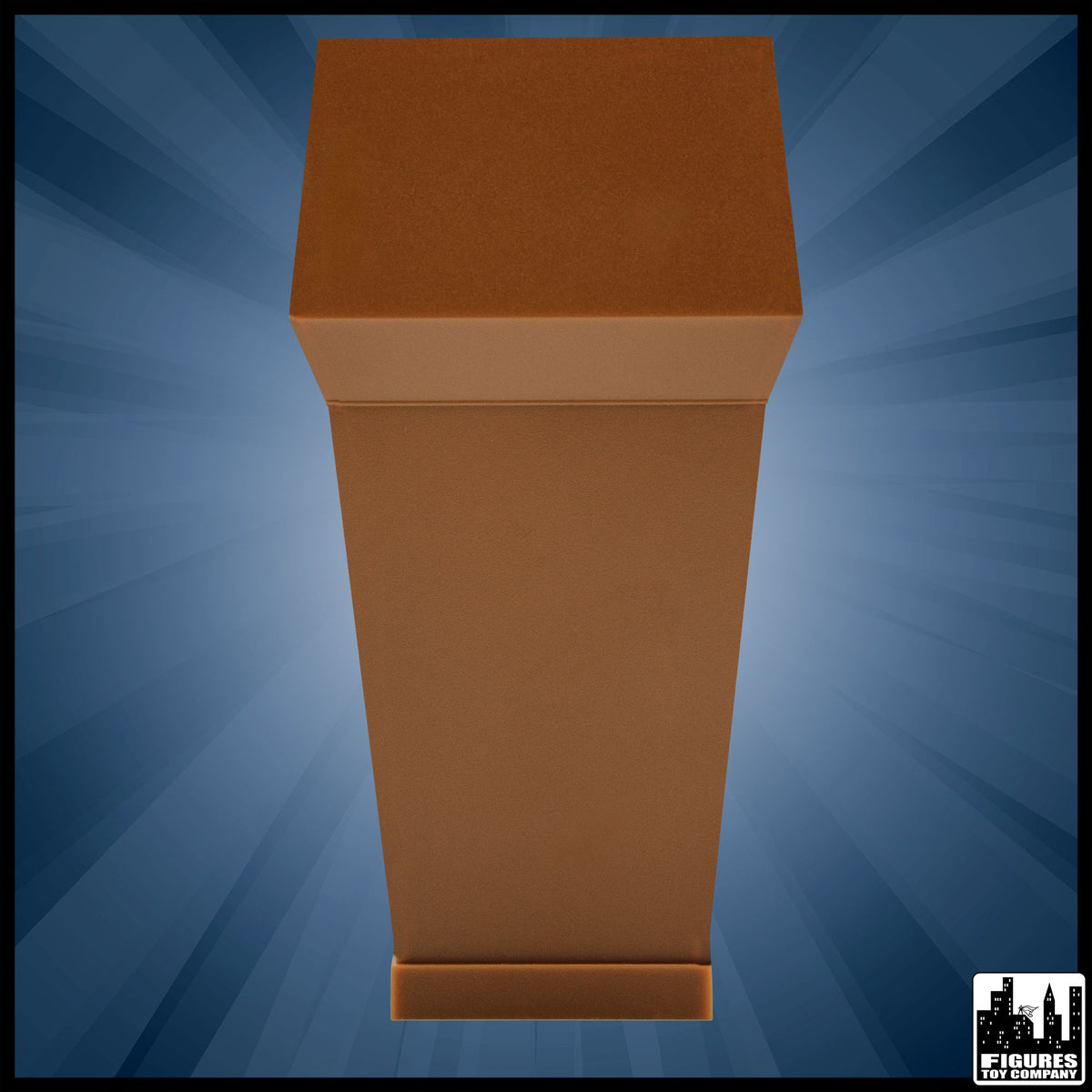 Brown action figure podium, front view.