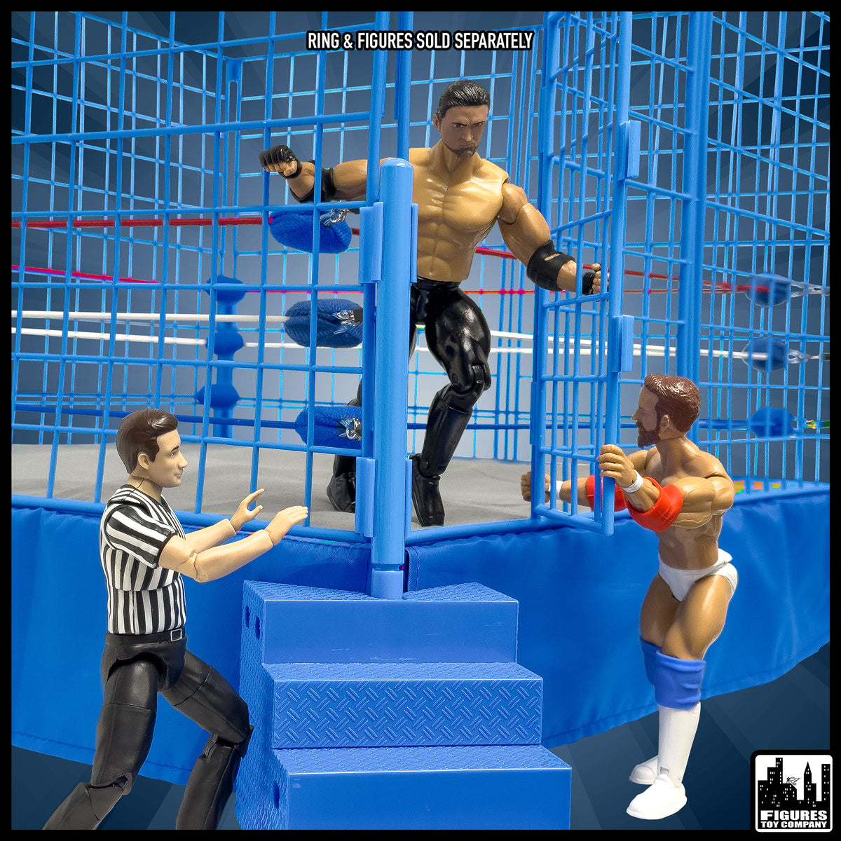 Classic Steel Cage Playset for wrestling figures — door action.