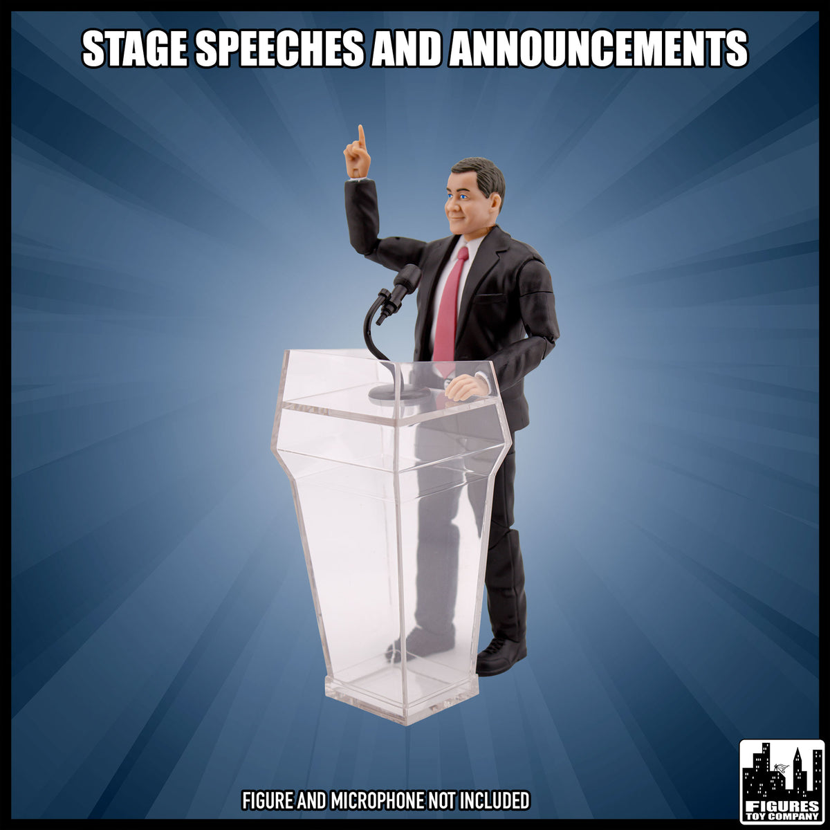 Clear action figure podium, shown with figures to demonstrate a display scene; figures and microphones sold separately.
