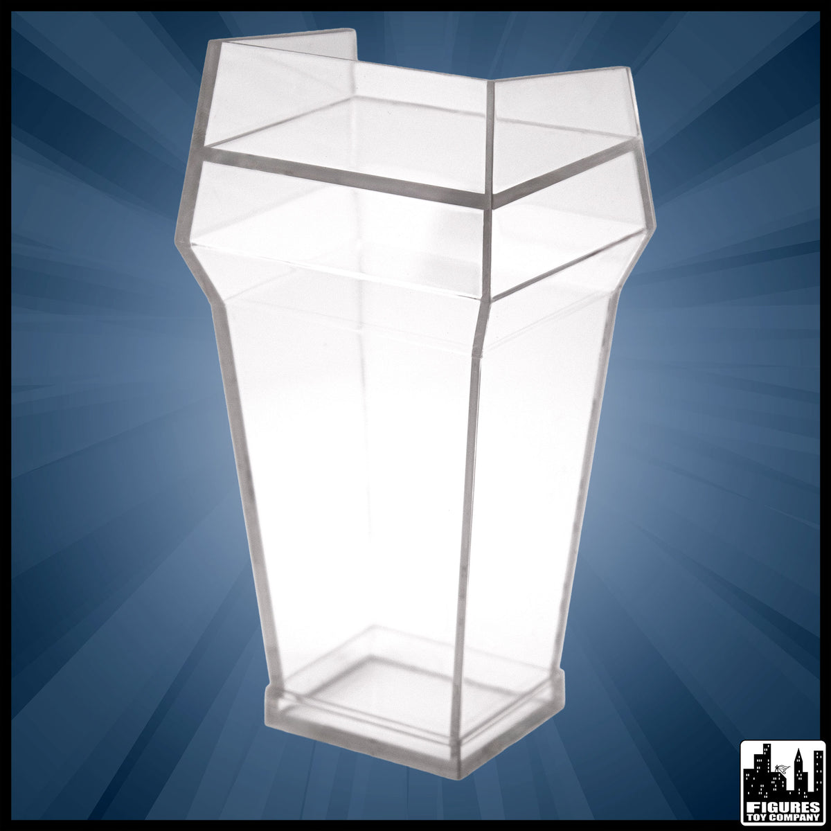 Clear action figure podium, product view.