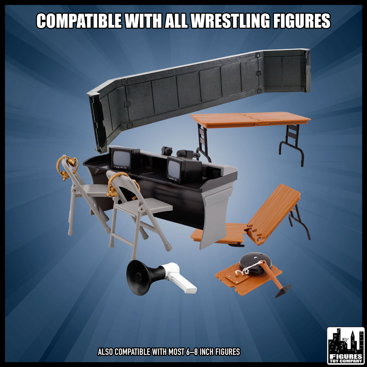Commentators Corner Playset for wrestling figures — compatibility guide.