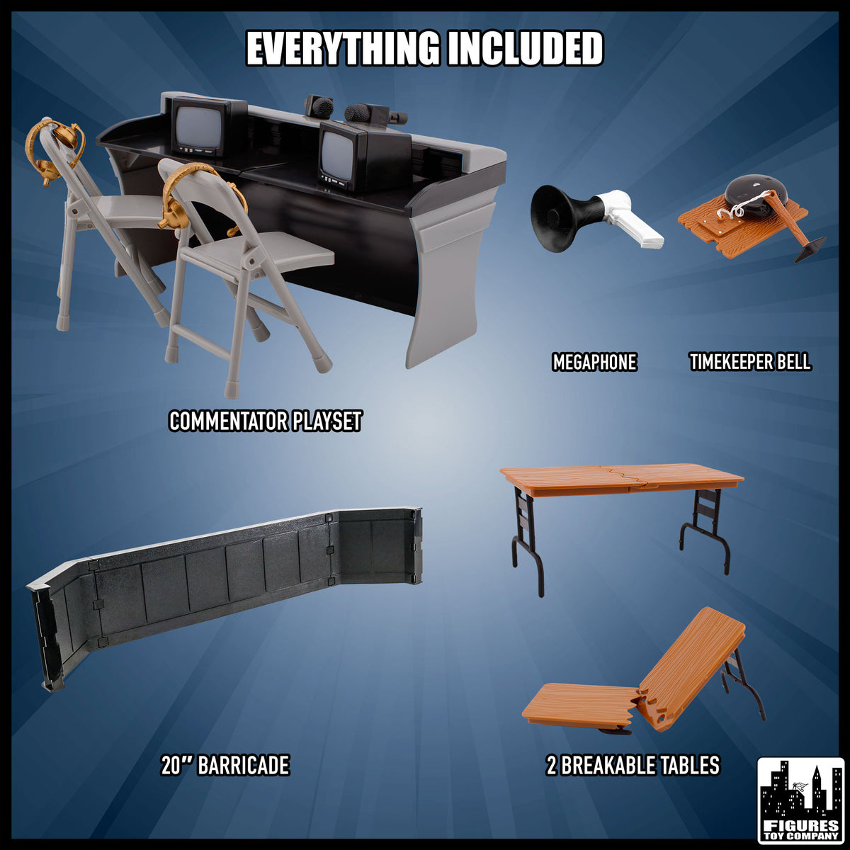 Commentators Corner Playset for wrestling figures — included items.