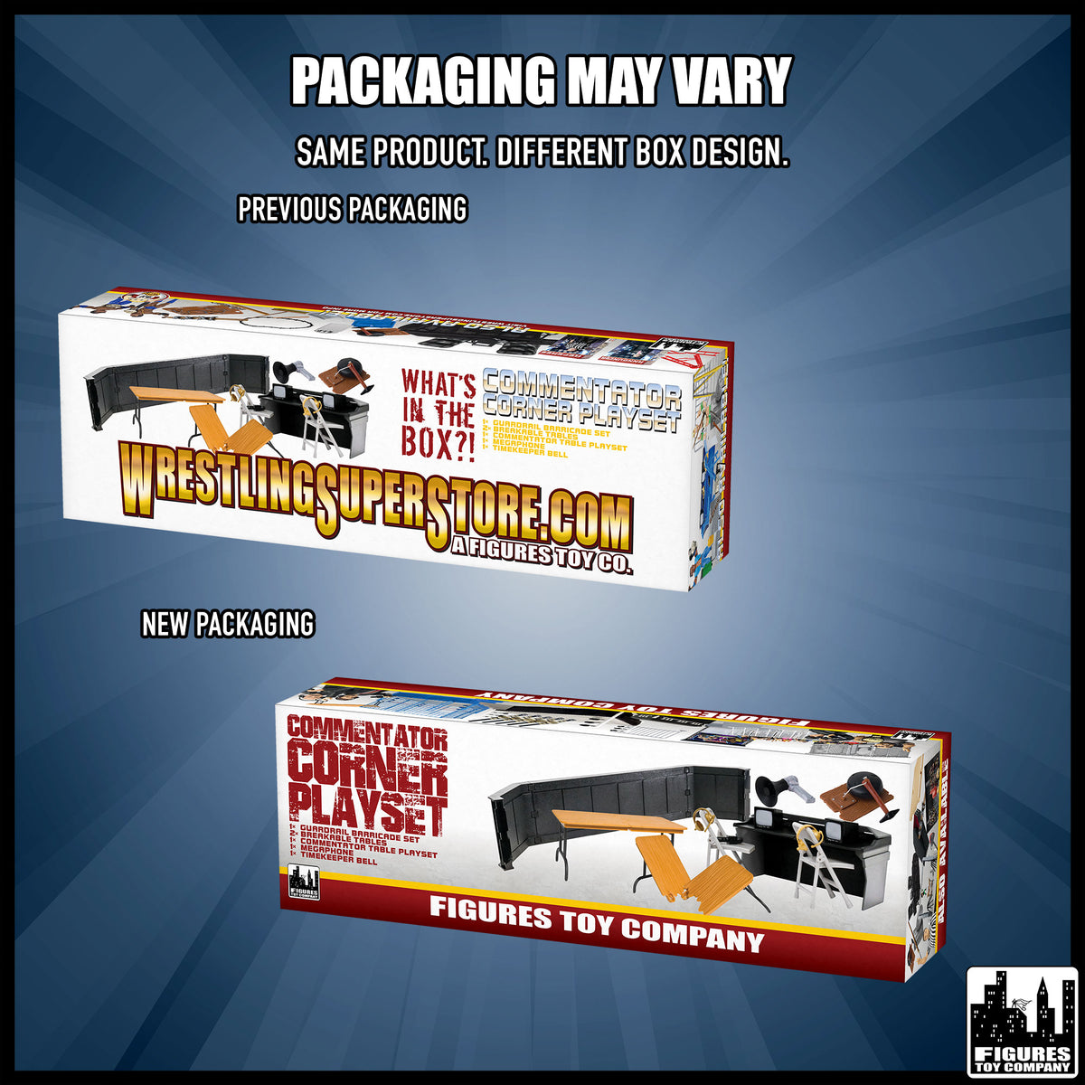 Commentators Corner Playset for wrestling figures — packaging design comparison.