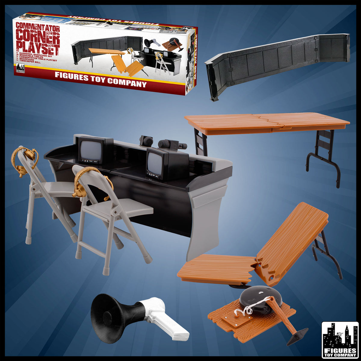 Commentators Corner Playset for wrestling figures — product and packaging.