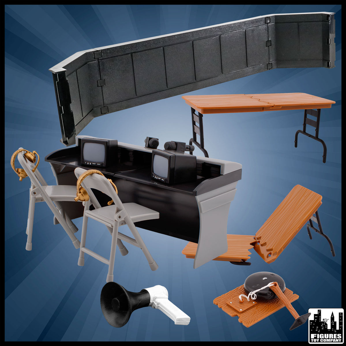 Commentators Corner Playset for wrestling figures — unboxed accessory arrangement.